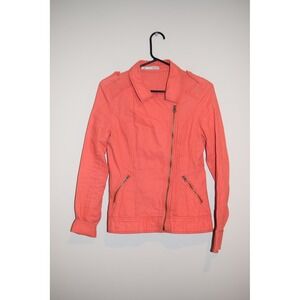 Womens Coral Moto Jacket Full Zip Pockets Fitted Stylish Casual‎ Small